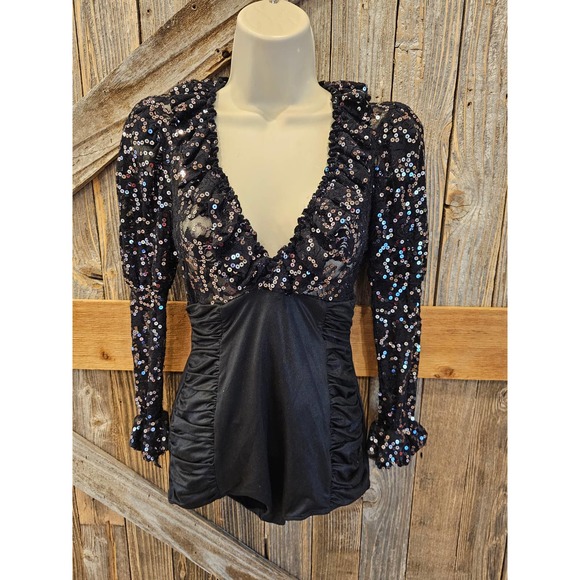 Handmade Intimates & Sleepwear Black Sequins Lace Trim Dance